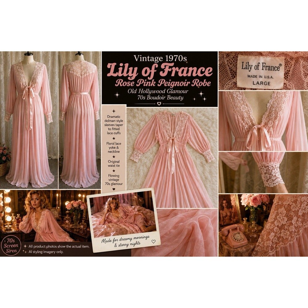 VTG 70s Lily of France Rose Pink Peignoir Robe Lace Dolman Sleeve L Lingerie EUC